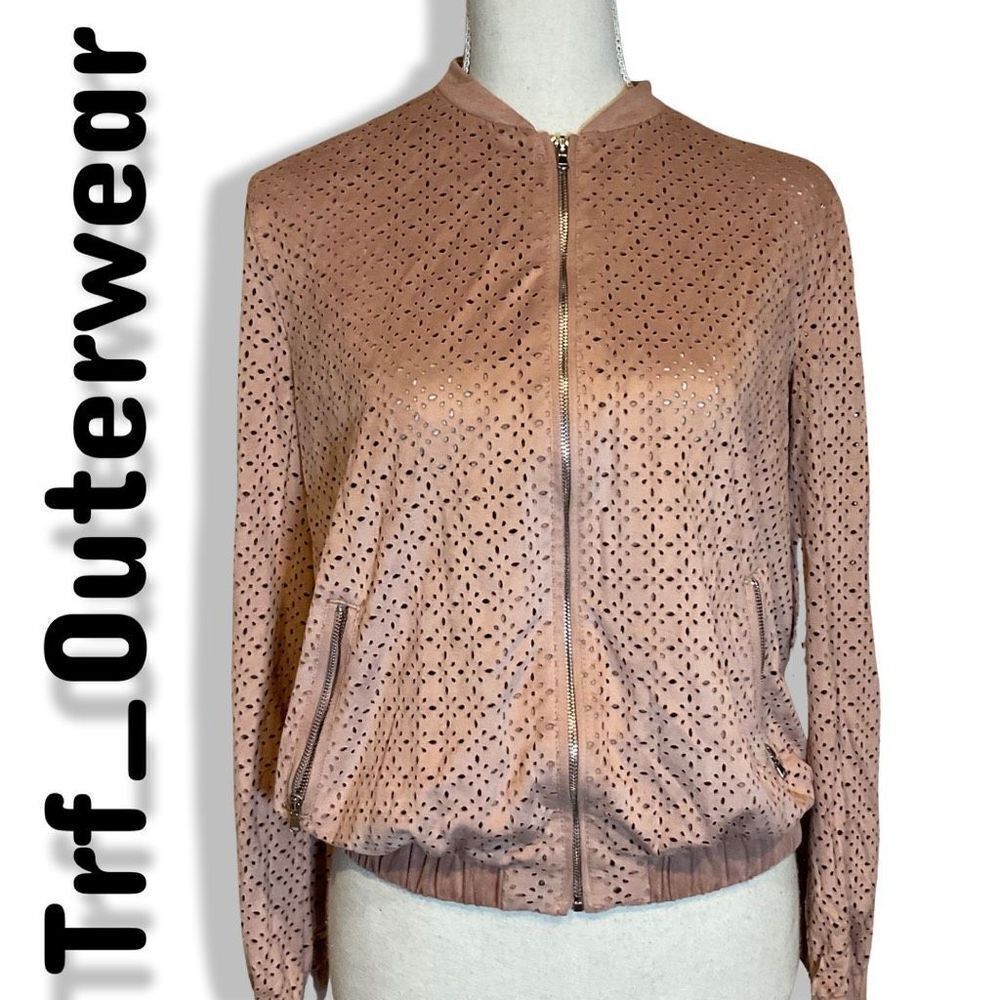 ZARA TRF_OUTERWEAR Faux Suede Hollowed Out Bomber Jacket, Size M